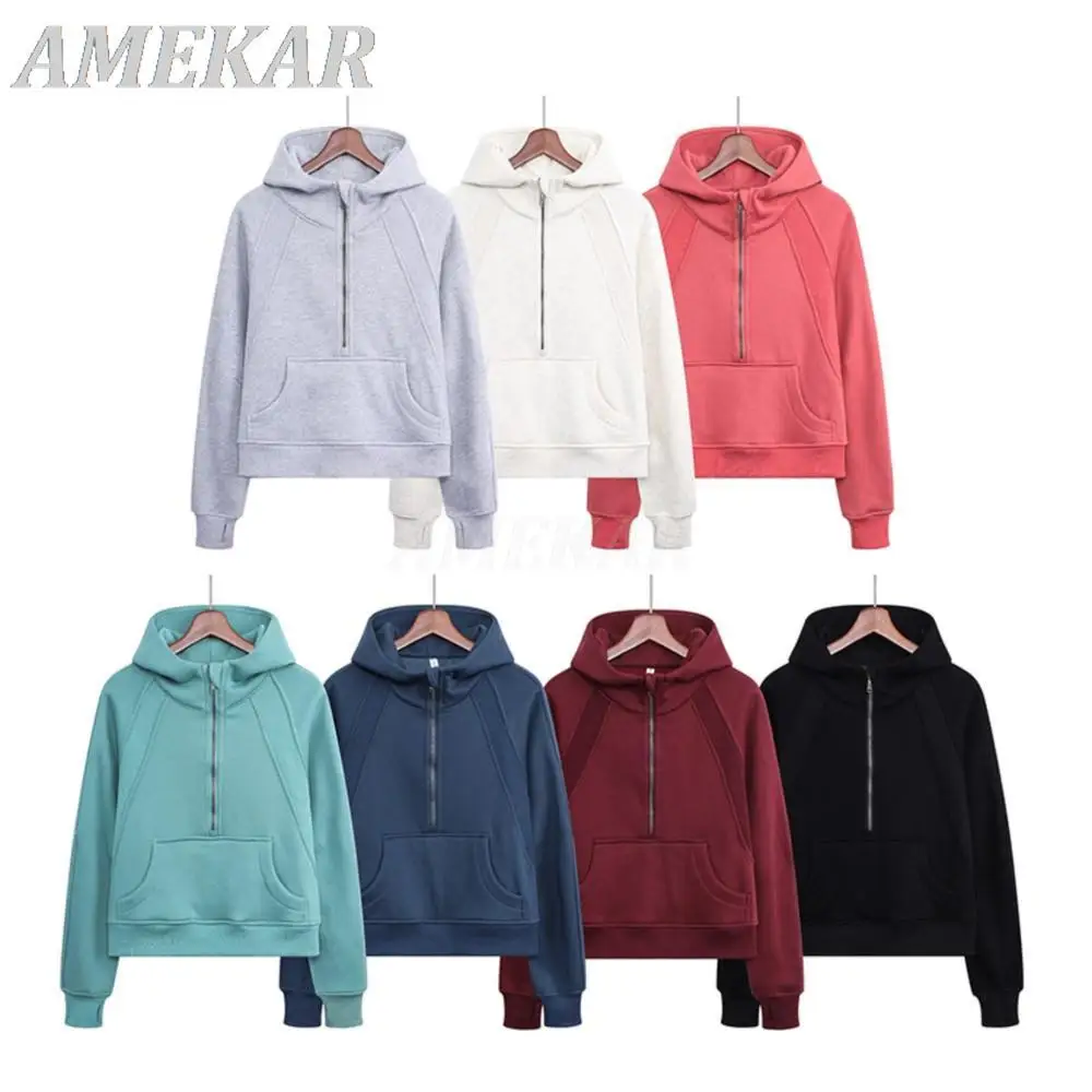 

Yoga Solid Sports Half Zipper Pullover Hooded Sweater For Women 2023 Spring New Plush Sweatshirt Lady Loose Outdoor Running Coat