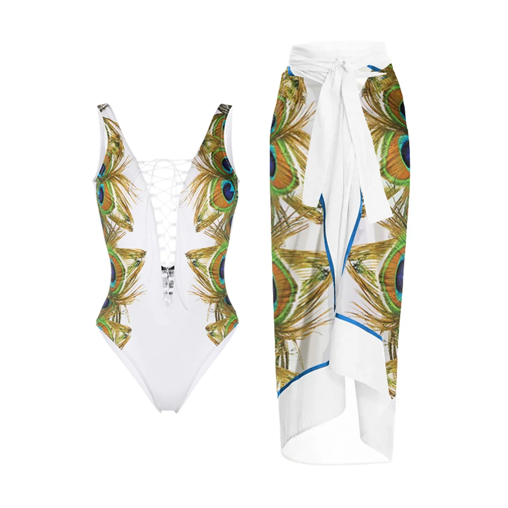 

Цельный купальник пуш-ап с принтом павлиньих перьев, новинка 2023, женский купальник, модная юбка бикини, летняя пляжная одежда для отпуска