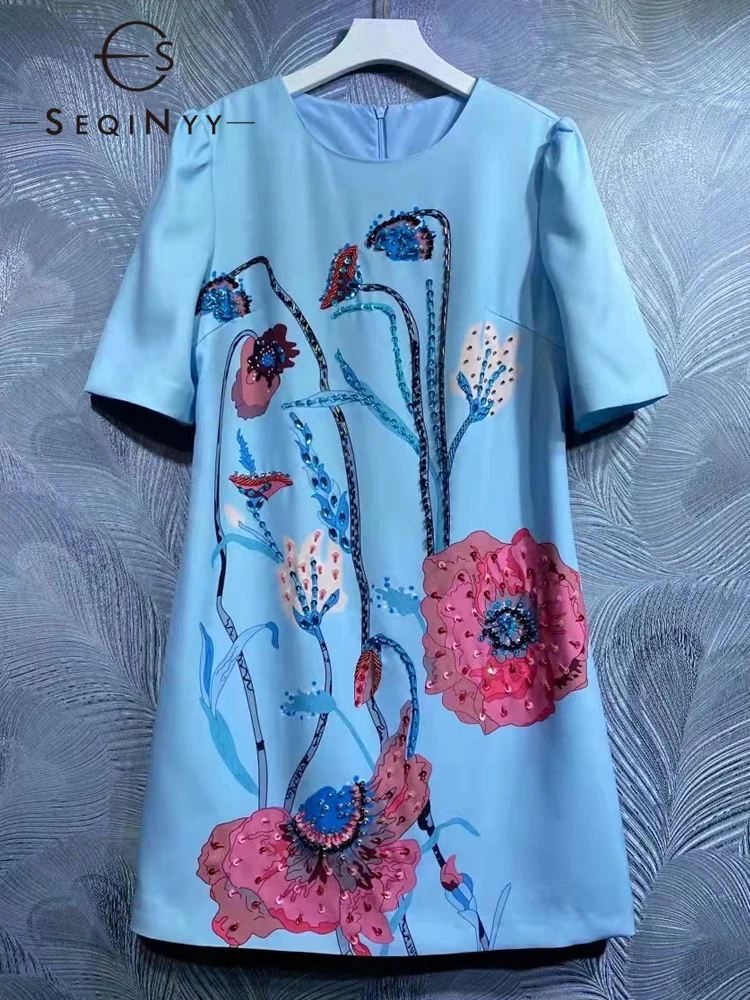 

SEQINYY Blue Mini Dress Summer Spring New Fashion Design Women Runway High Quality Beading Crystal Vintage Flowers Print Casual