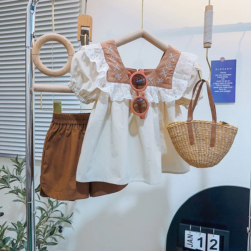 

New Summer Child Clothes Sets Short Sleeve O Neck Embroidery Ruffles Apricot 2 Piece Sets Designer Boys Clothes Sets 12M-5T