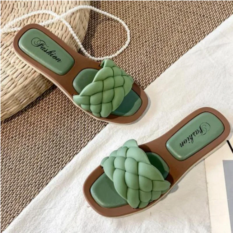 

Шлепанцы женские плетеные для дома и пляжа, модные сандалии на плоской подошве, римские тапочки, лето 2022