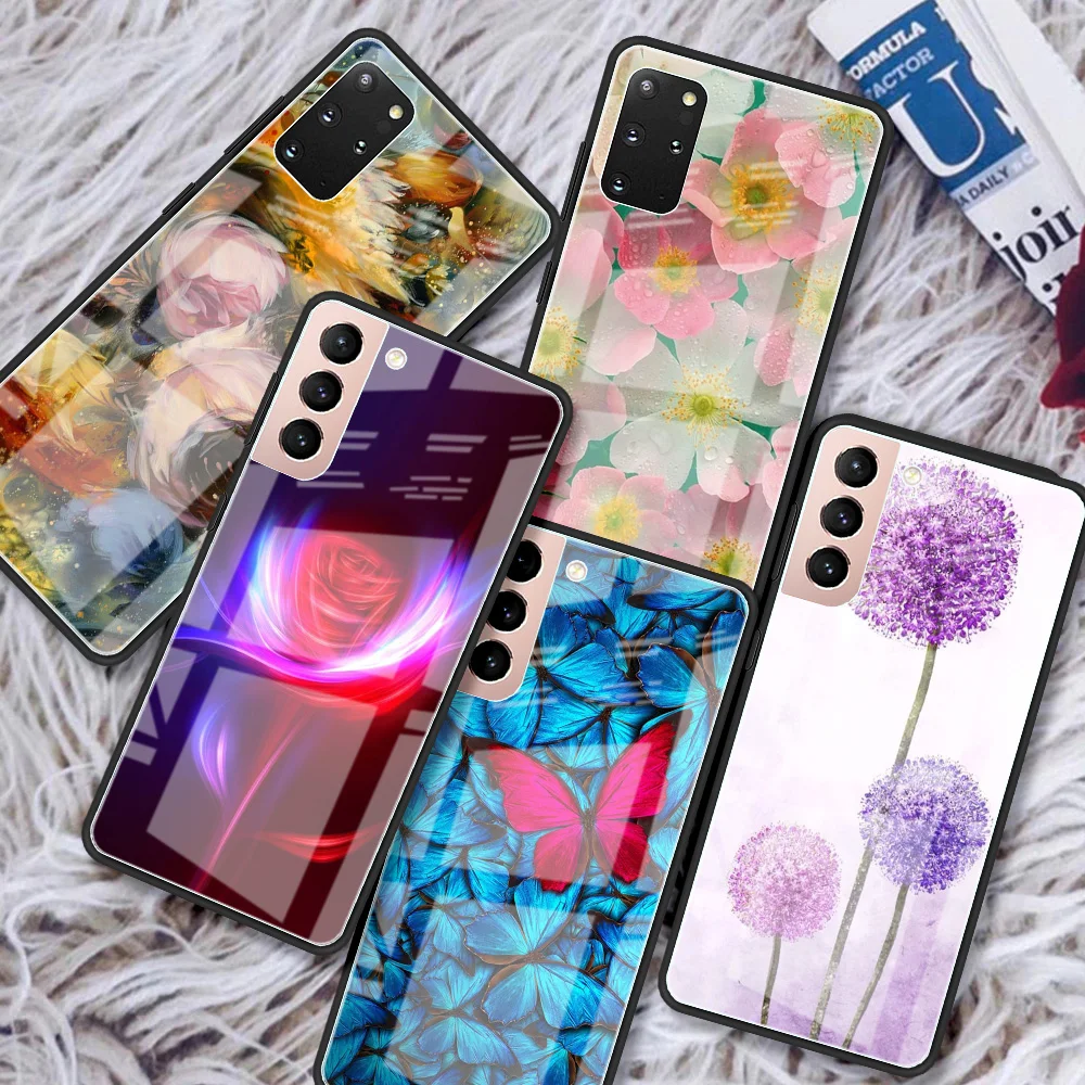 

Glass Case For Samsung S20 FE S21 S22 Ultra S10 S8 S9 Plus Waterproof Phone Note 20 10 Celular Cover Dandelion Blue Butterfly