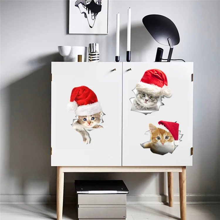 Cute 3D Christmas Cat Dog Wall Sticker for Festival Christmas Home Decoration Art Decals Wallpaper Mural Toile/Showcase Stickers images - 6