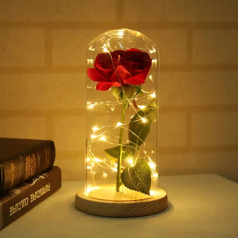 

Rose In Flask Beauty And Red Rose With LED Light In Glass Dome For Valentine's Day Mother's Day Gift Art Deco Bedside Lamp Gift