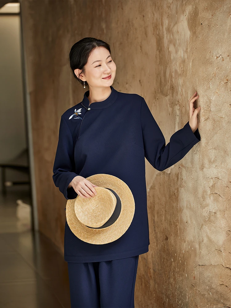 Cloth Master Original Design Autumn New Embroidered Long sleeve Stand Collar Top Chinese High Sense Shirts Women