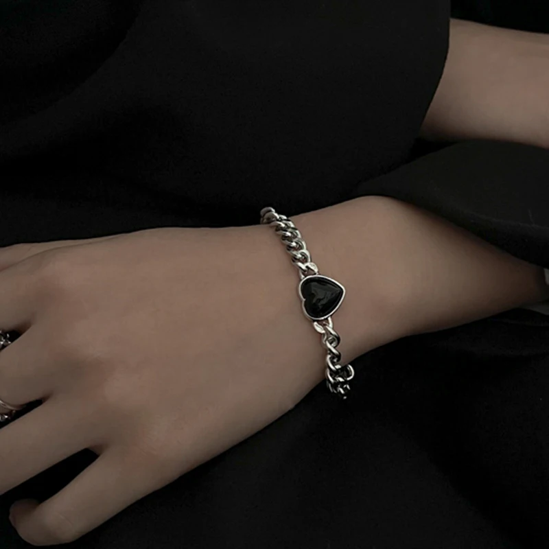 

Punk Y2k Chain Bracelet for Women Black Heart Stainless Steel Cuban Link Chain Wristband Trend Charm Jewelry Gifts Dropshipping