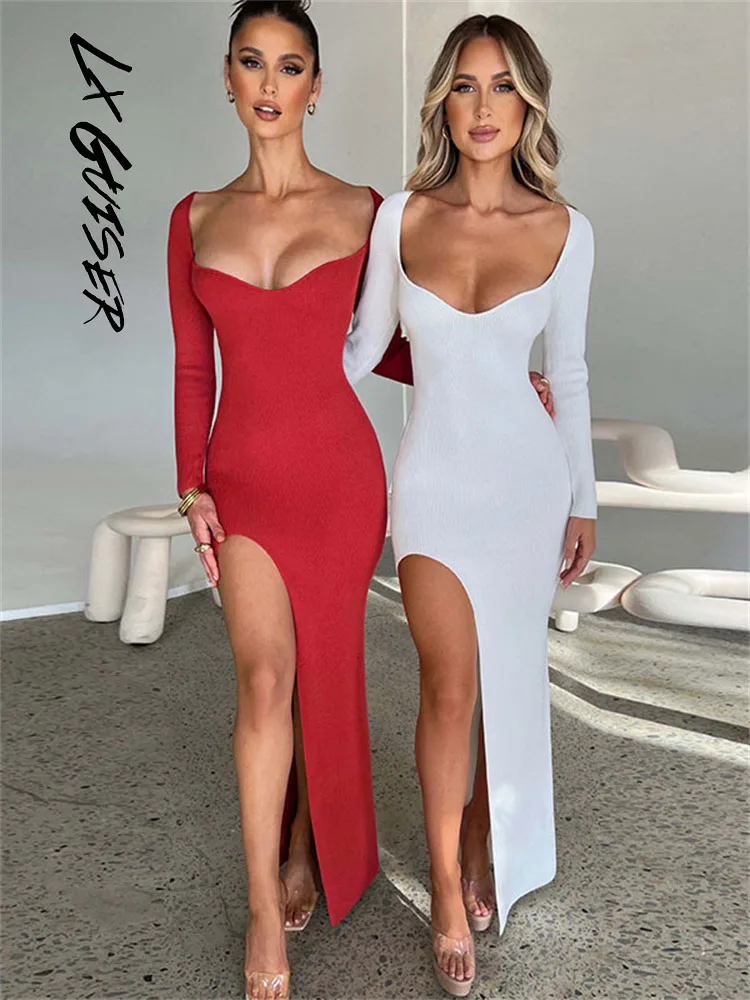 

Lx Guiser Long Sleeve Square Collar Split Y2k Bodycon Sexy Midi Women Dresses 2022 Autumn Winter Party Elegant Robe Female Dress