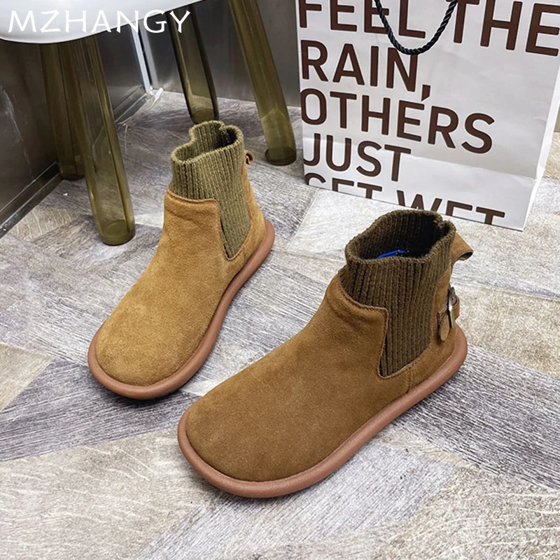 Женские замшевые ботильоны на плоской подошве вязаная обувь с пряжкой женские