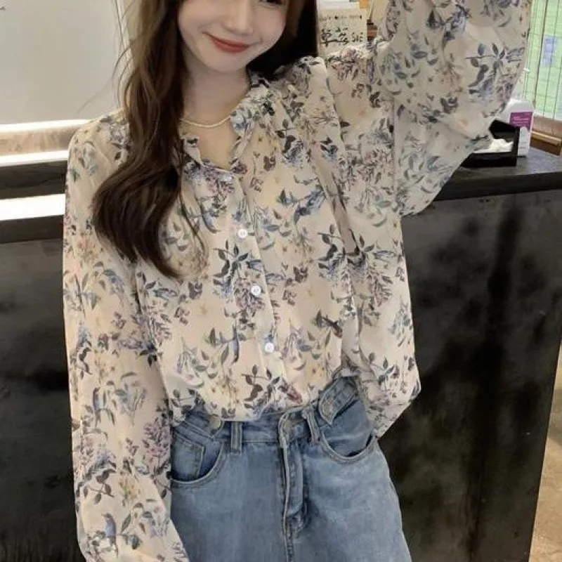 

2023 French Style Anti-Sunburn Floral Blouse Women Loose Long Sleeve Tops Summer Autumn Casual Sweet Fashion Office Lady Blouse