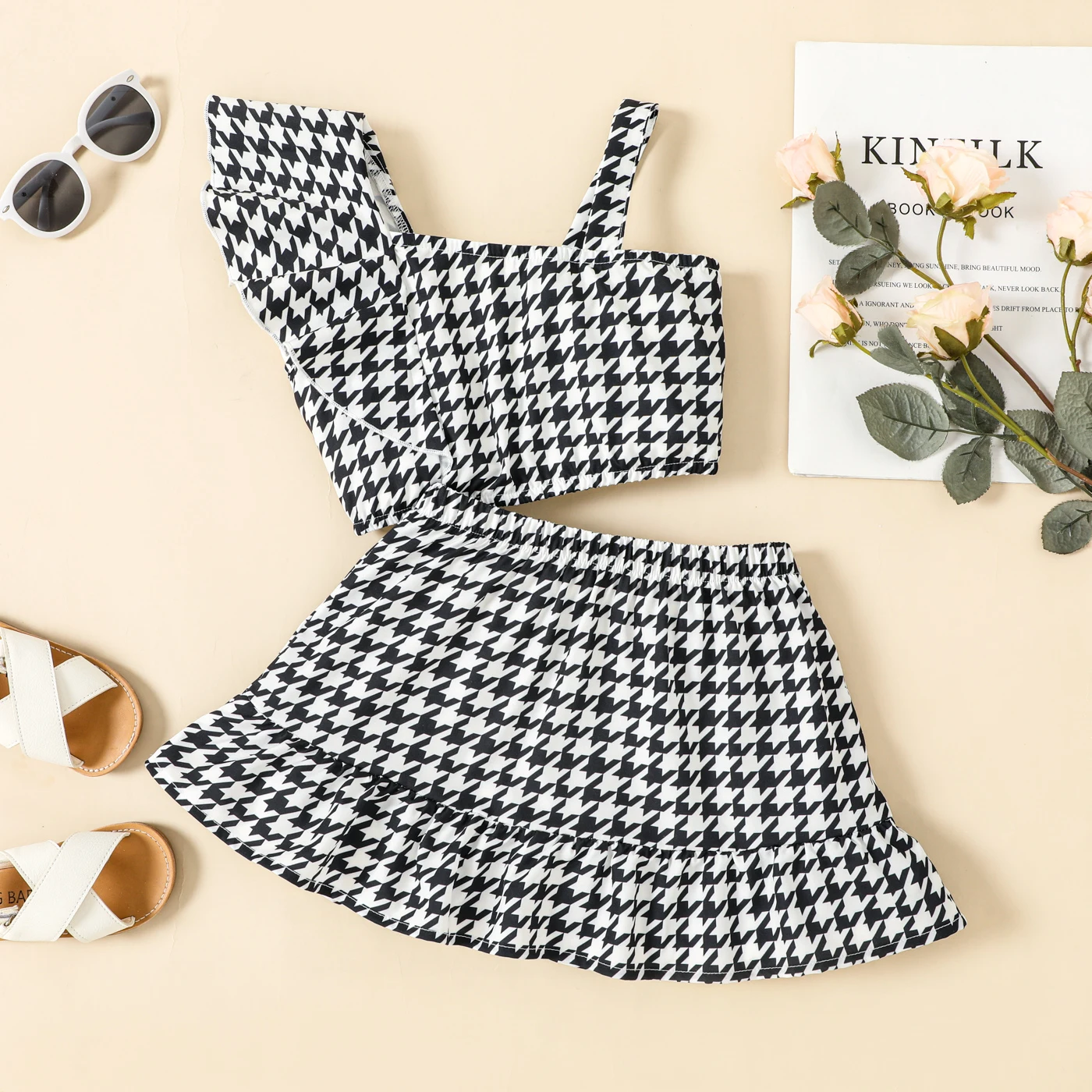

PatPat 2pcs Toddler Girl Houndstooth Ruffled One-Shoulder Cami Top and Skirt Set