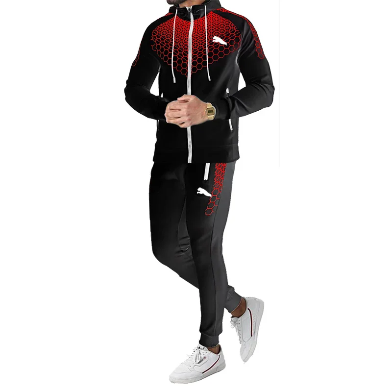 Autumn and winter casual men's sports sweater set, cotton blended zippered shirt, fashionable classic pullover long sleeved pant