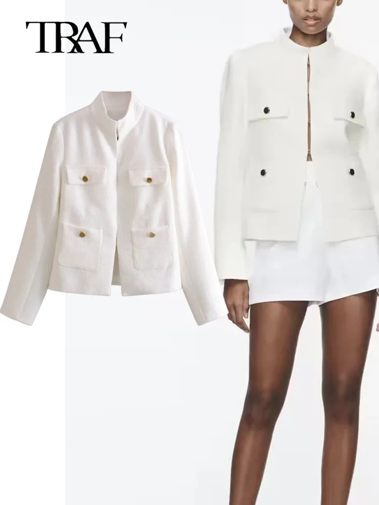 

TRAF 2023 Spring Autumn Women Stand Collar Textured Blazer Jacket Coats Vintage Long Sleeve Commute Slim Tops