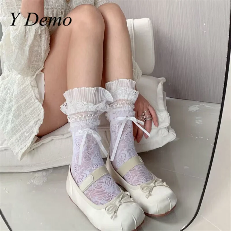 

Женские кружевные прозрачные носки с оборками и бантом