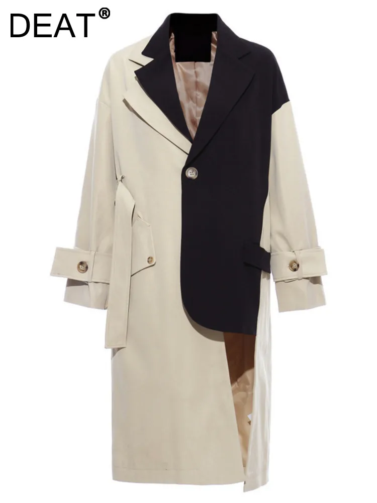 

DEAT Fashion Women Trench Coat Notched Collar Single Breasted Asymmetric Patchwork Waist Khaiki Windbreaker Autumn 2023 17A933H