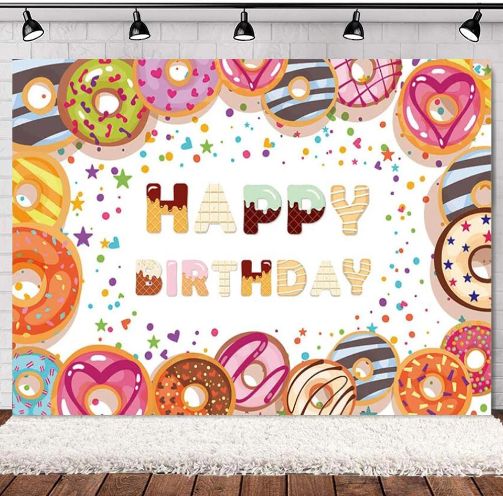

Photography Backdrop Donut Theme Happy Birthday Party Banner Chocolate Sweet Bday Decoration Background Poster Studio Prop