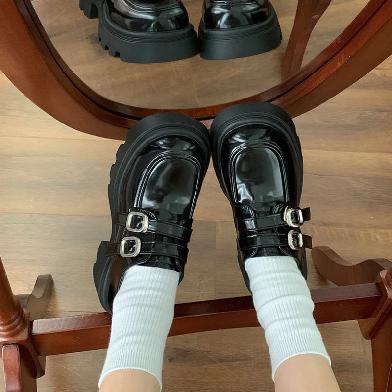 

Japanese Style Black Platform Mary Janes Leather Shoes Women Retro Round Toe Thick Heels Loafers Jk Uniform Dress Pumps Shoes