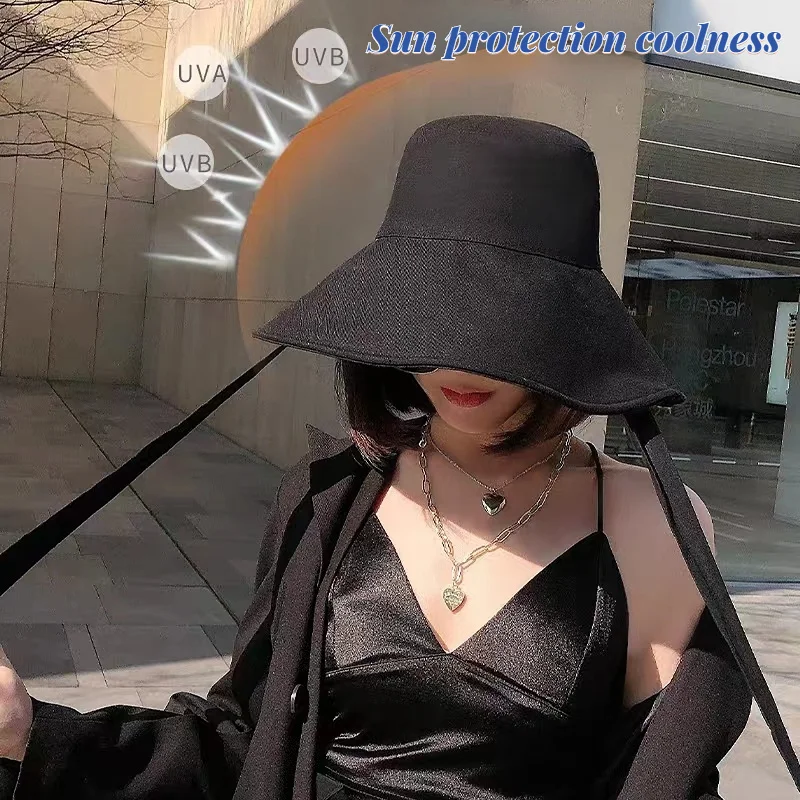 

New Summer Spring Japanese Tie Bucket Hat Women's Korean-style Big Eave Fisherman Foldable UV Cotton Linen Beach Strap Sun Hat