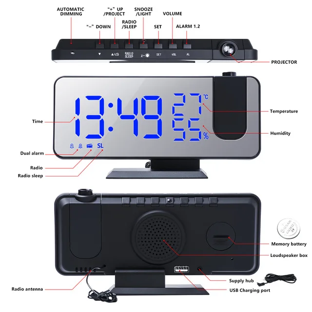 LED Projector Clocks Digital Electronic Alarm Clock USB Wake Up FM Radio Desk Wall Home Decor Accesorios Room Calendar | Дом и сад