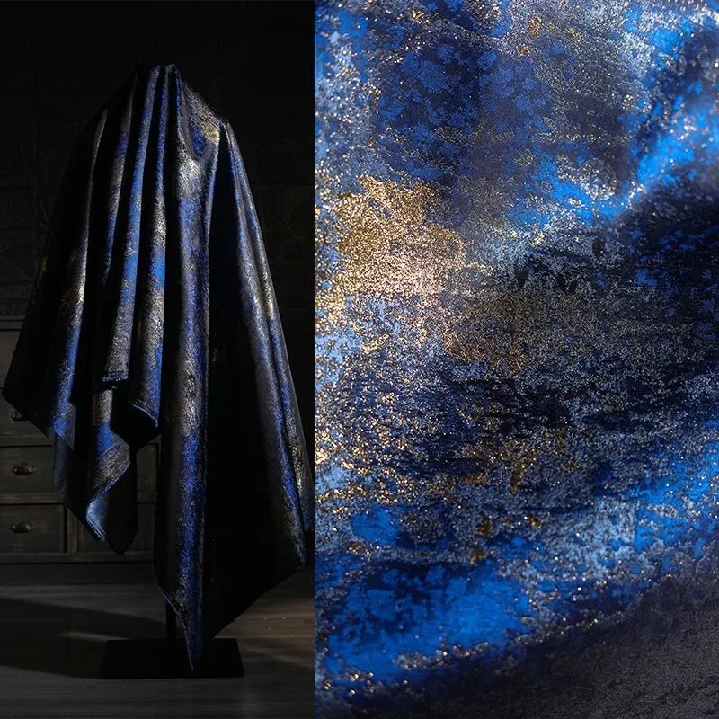 Синяя позолоченная жаккардовая ткань с вышивкой двухсторонняя градиентная