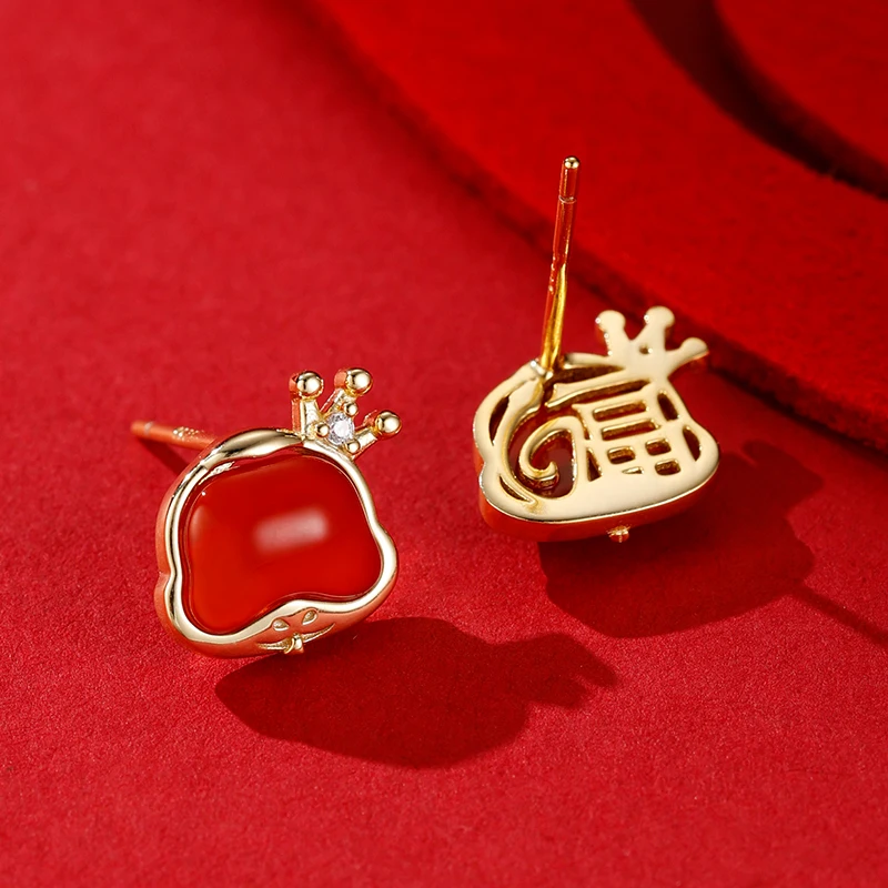 Серьги-гвоздики из стерлингового серебра 925 пробы с красным агатом и змеей 2024 год