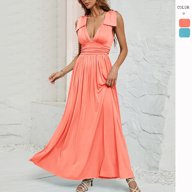 

2023 Women's Summer New Hot Sale Solid Color and V-neck Waist-Controlled Large Hem Dress