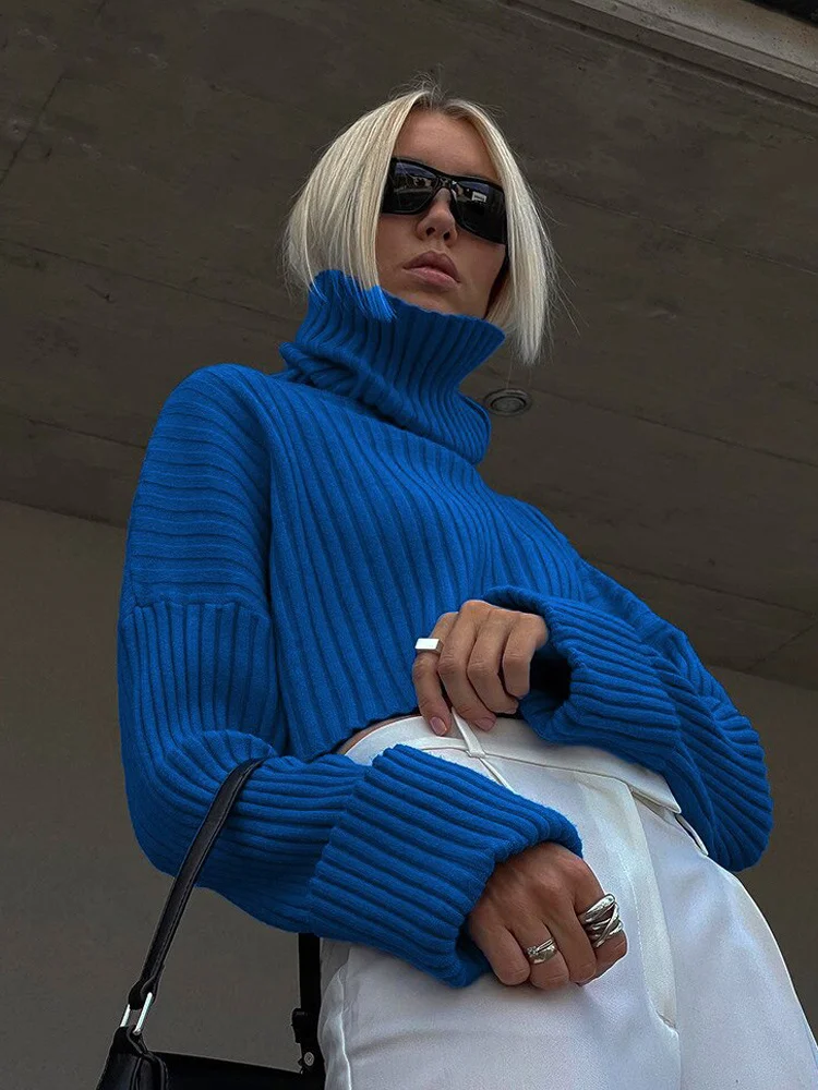 

Women Turtleneck Crop Sweaters Pullover Trumpet Sleeve Casual Loose Office Lady Sweater 2022 Autumn Winter Elegant Female Jumper