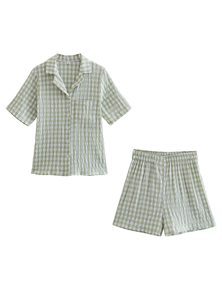 

Summer Women Green Plaid Shirt And Shorts Matching Set 2022 Short Sleeve Single Breasted Tops Elastic Waist Shorts 2 Pcs Suits