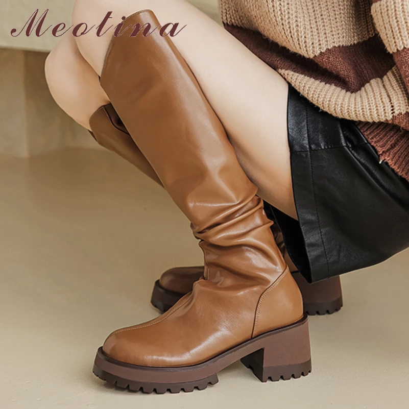 

Женские ковбойские сапоги Meotina, зимние сапоги до колена из натуральной кожи, с круглым носком, на толстом высоком каблуке, на молнии, в ковбойском стиле
