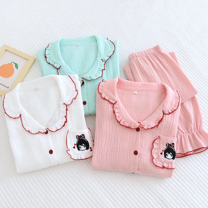 Spring Girls Pajamas Set Women Fungus Lapel Cotton Crepe Nightwear Pocket Lace Cute Thin Long-sleeved Pants Home Clothes Pijama