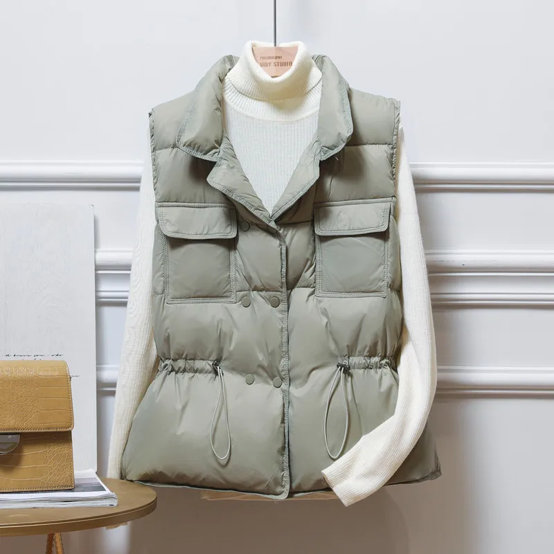 Down Vest Women's Short Spring and Autumn Korean Fashion Stand Collar Waistband Thin Vest Jacket Trend
