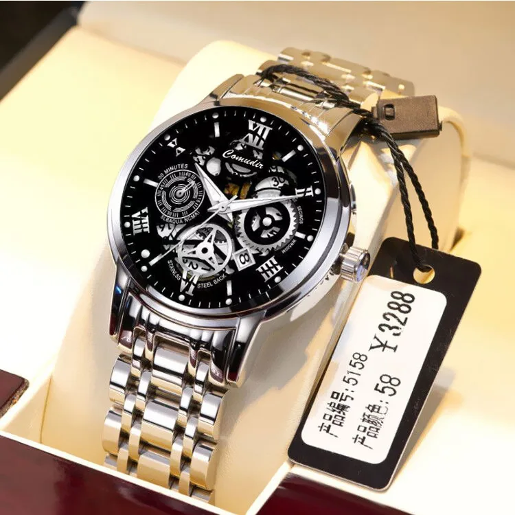 Hollow Out Men's Watch Waterproof Glow Calendar Quartz Fully Automatic Mechanical Watch  Business Gift for Husband or Boyfriend