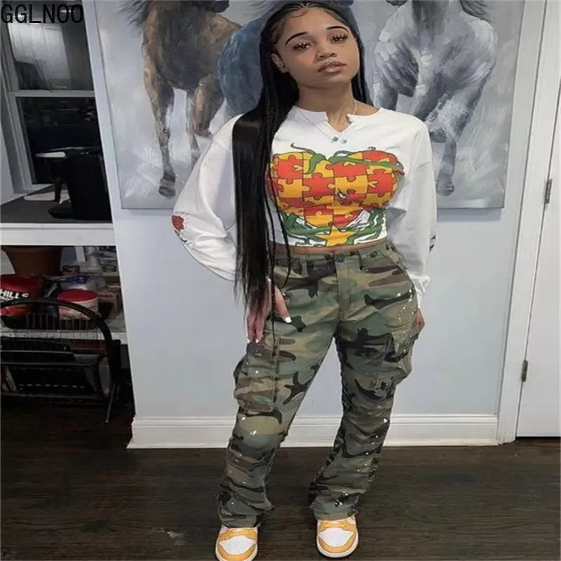 

GGLNOO Camo Cargo Pants Y2K Clothes Streetwear Sweatpants 2022 Fall Clothing High Waist Pockets Camouflage Pencil Straight Pant