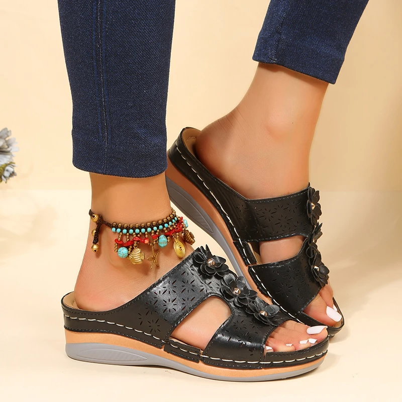 2023 Summer Women Slippers Plus Size Women's Shoes Retro Roman Sandals Women Pu Casual Flower Wedge Sandals Platform Slippers