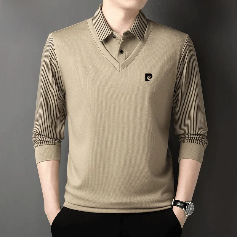 Pierre Cardin Spring and Autumn Middle-Aged Men Long sleeve Solid Layered t-shirt Bottoming Shirt Daddy Clothes Polo