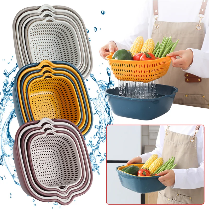 MOONBIFFY 6PCS/Set Double-Layer Multifunctional Drain Container Vegetable Washing Strainer Kitchen Fruit Clean Storage Basin