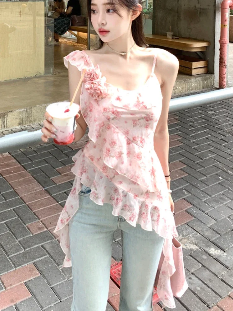 Летние розовые милые укороченные топы Y2k женские корейские модные повседневные