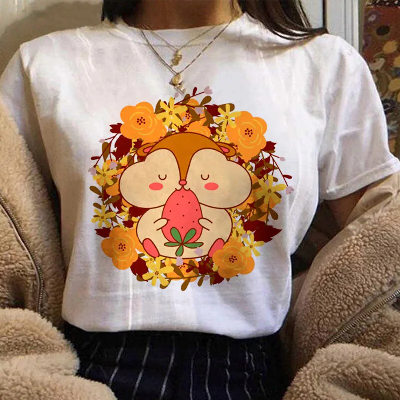 

90s funny Hamsters Eat Strawberry T Shirt Women Harajuku Aesthetic Cute Female T-shirt Kawaii Tees Fashion Ullzang Ladies Tshirt