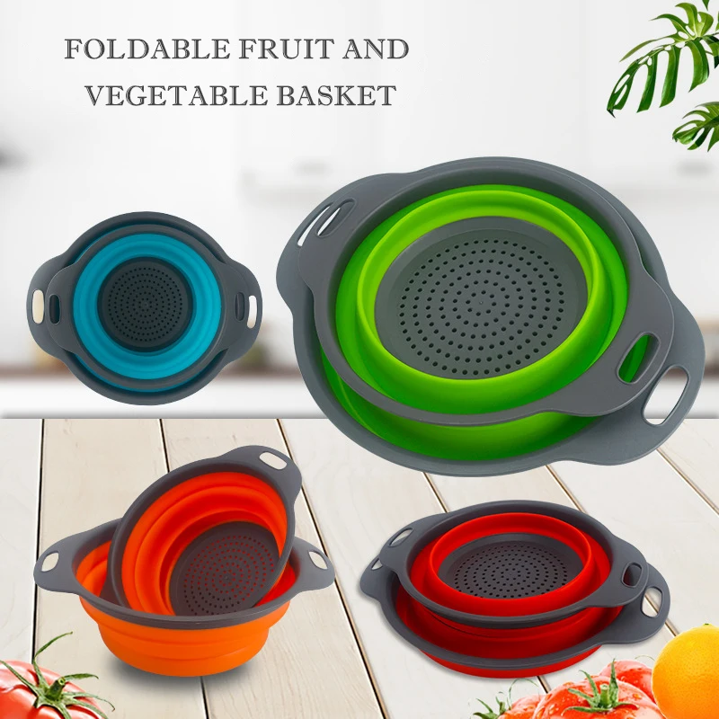

Food Grade Safety Plastic Drain Multifunctional Foldable Adjustable Drain Basket Kitchen Vegetables Drain Baskets round Fruit