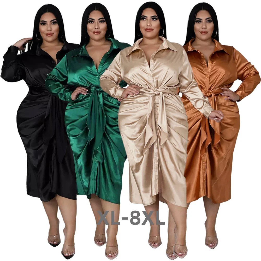 Plus Size Women's Dresses Women Solid Long Sleeve Bandage Draped Pleaped Sleeve Button Dress Office Lady Whol 3xl 4xl 5xl 6xl