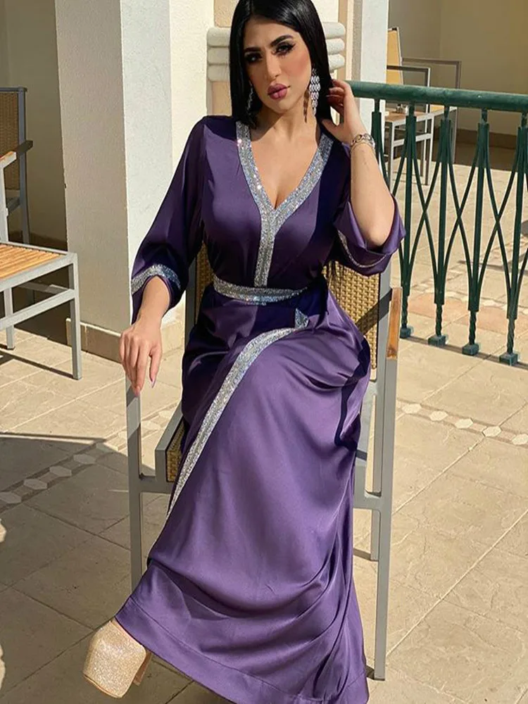 Satin Maxi Dress For Women Turkey Arabic Diamond V Neck Long Sleeve Jalabiya Muslim Islamic Ethnic Dubai Abaya Party Robe New