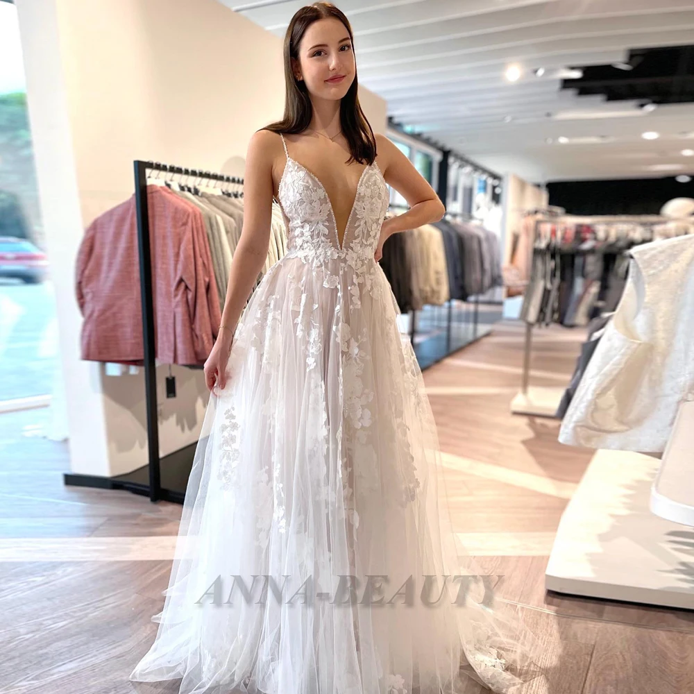 

Anna Modern Appliques Deep V Neck Wedding Gown For Bride Spaghetti Strap A Line Sleeveless Court Train Vestido De Casamento