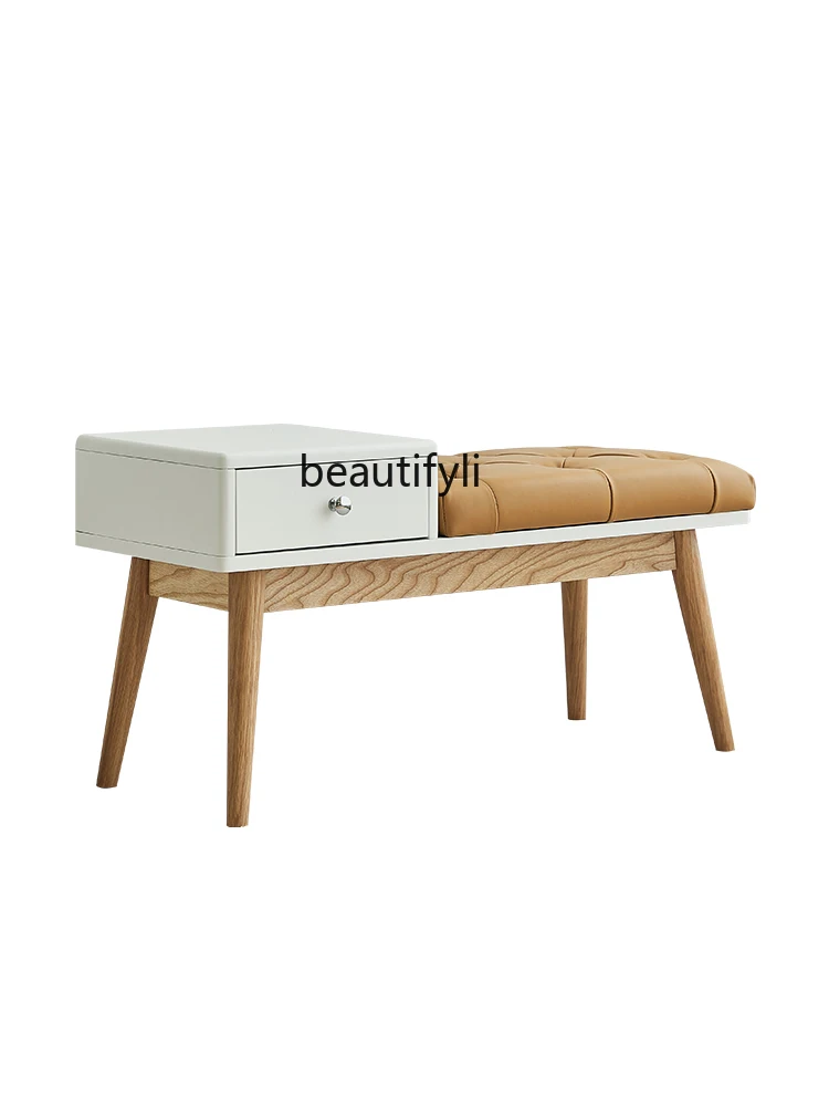 

zq Nordic Modern White round Corner Shoe Changing Stool Storage Entrance Footrest Solid Wood