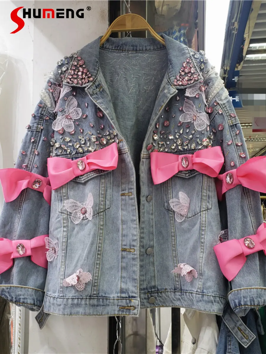 

Женская джинсовая куртка с бантом, свободная Универсальная джинсовая куртка в европейском стиле с тяжелыми бусинами, верхняя одежда, новин...