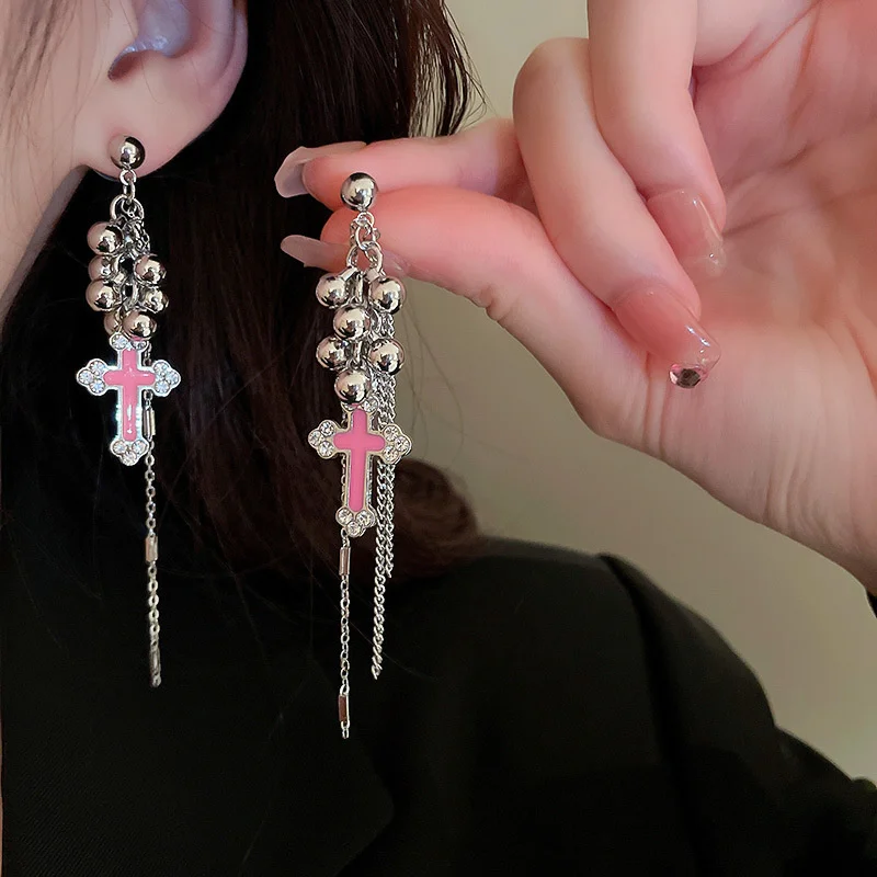 

New Pink Cross Rhinestone String Beads Drop Earrings for Women Sweet Dark Cool Y2k Aesthetics Dangle Earrings 2023 Trend Jewelry