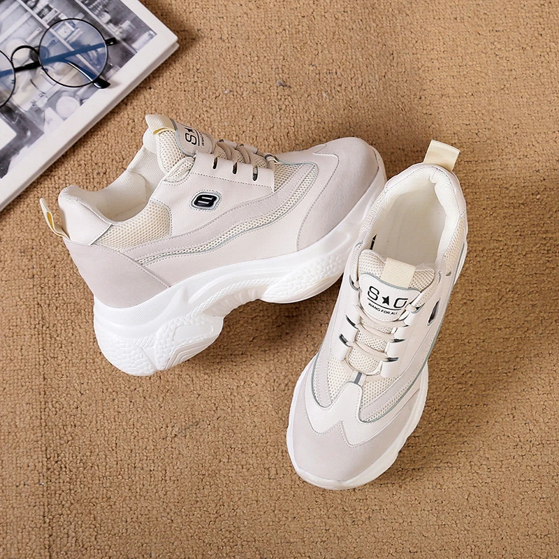 

Women Walking Sneakers 2022 Autumn Lace-up Platform Chunky Shoes Breathable Leather White Shoes 10CM Wedge Heels Casual Shoes