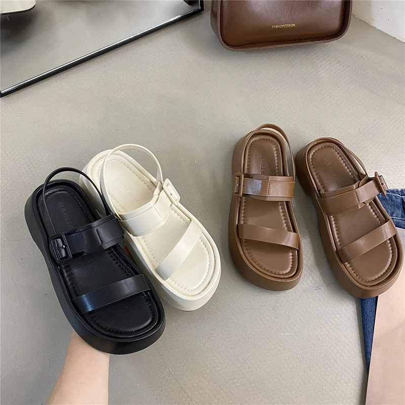 

Low Sandals Woman Leather Shoes Lady 2022 Muffins shoe Buckle Clogs With Heel Suit Female Beige Low-heeled Fashion New Summer