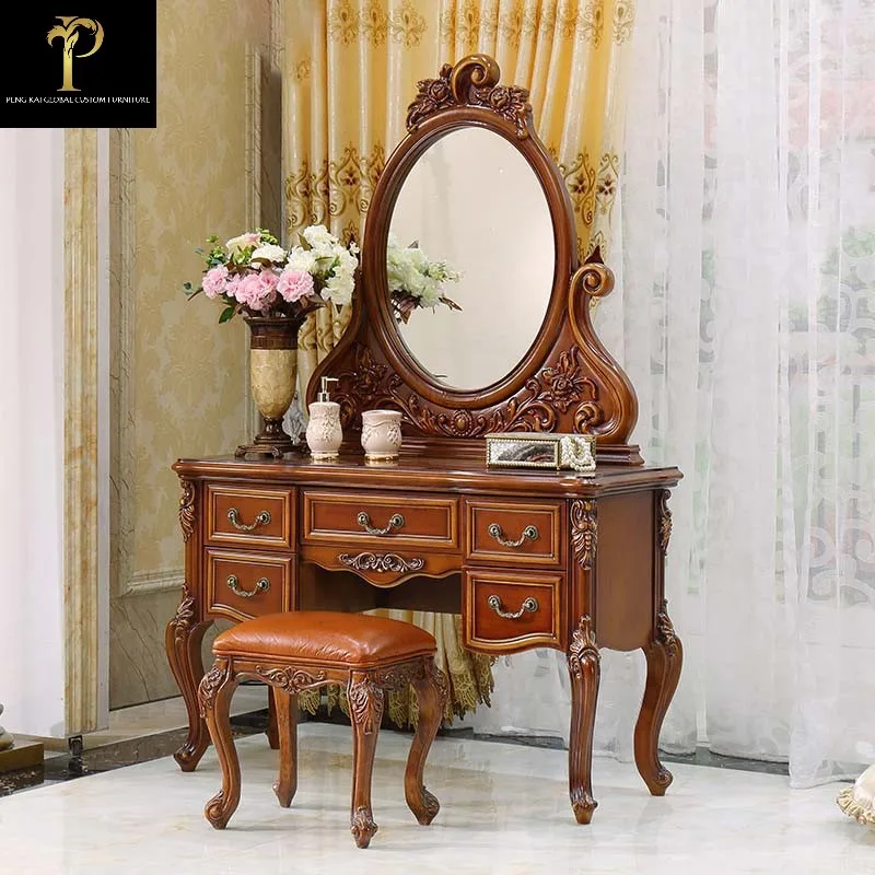 

American dressing table solid wood carved European luxury bedroom dressing table makeup stool makeup mirror combination
