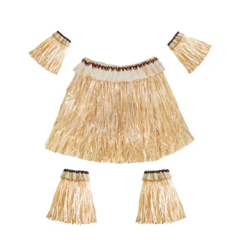 

5pcs Hawaiian Fancy Grass Skirt Set Arm and Leg Bands Costume Elastic Costume Party Accessory (Straw Color)