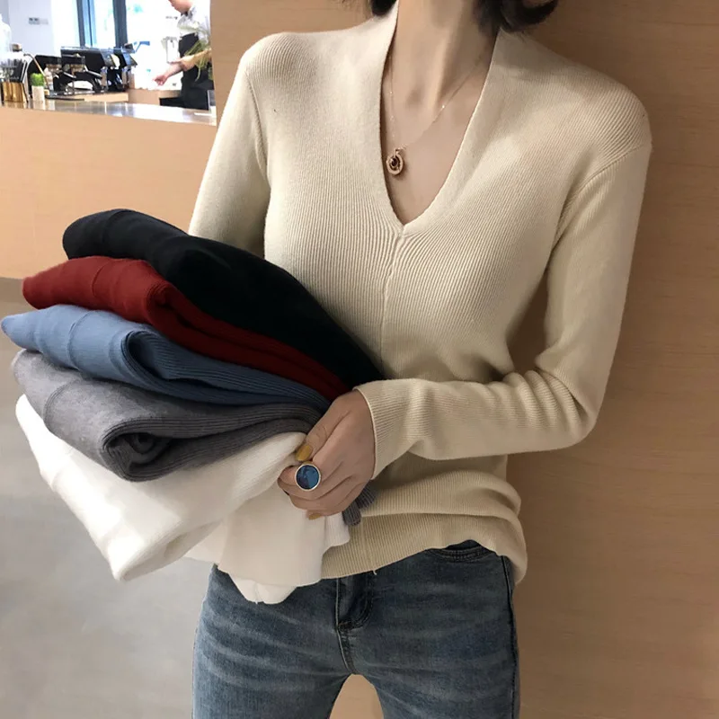 Minimalist V Neck Sweater Women Knitted Slim Fit Knitwear Pullover Jumper