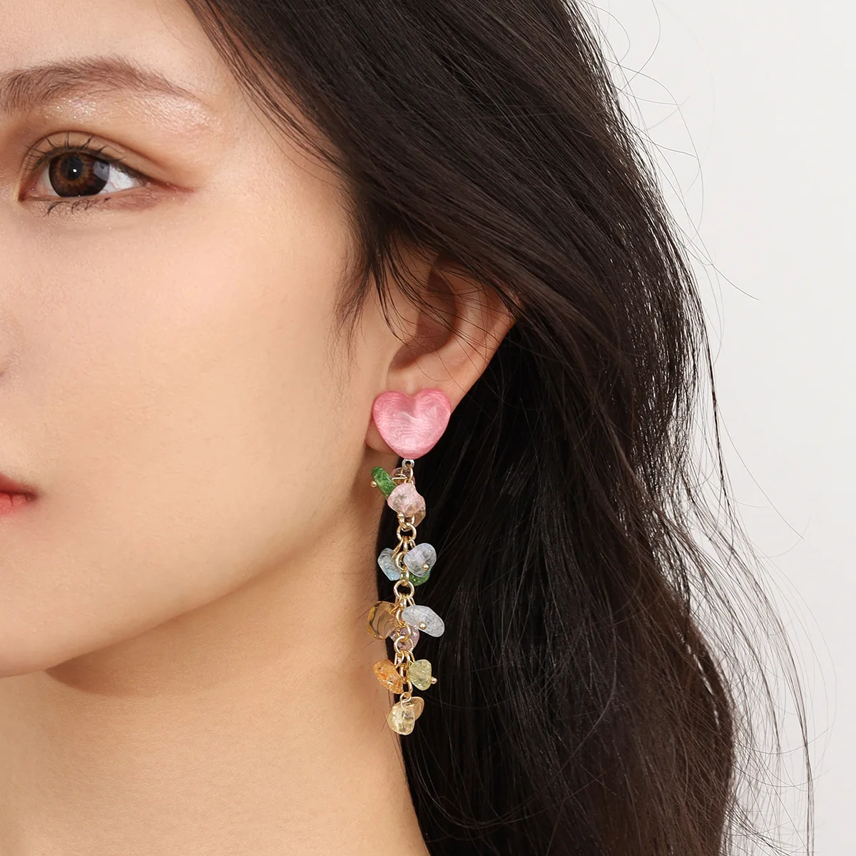 

Pink Love Heart Crystal Tassel Colorful Resin Acrylic Stone Drop Earring For Women Party Summer Sweet Jewelry